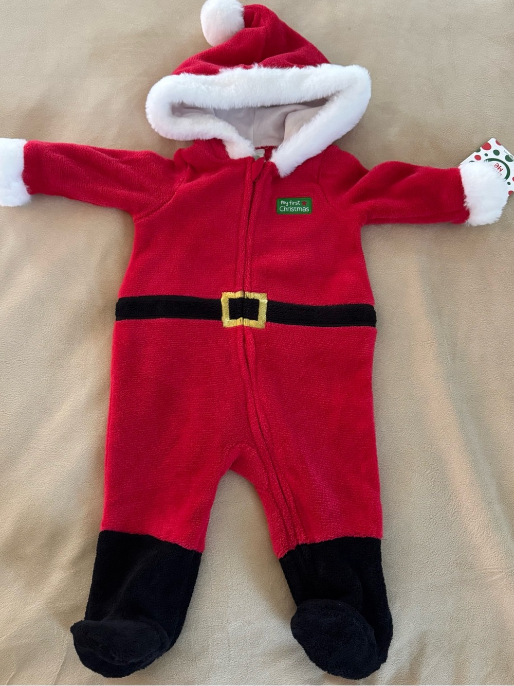 Little Me Red Santa Fleece Hooded One-Piece with Belt Accent